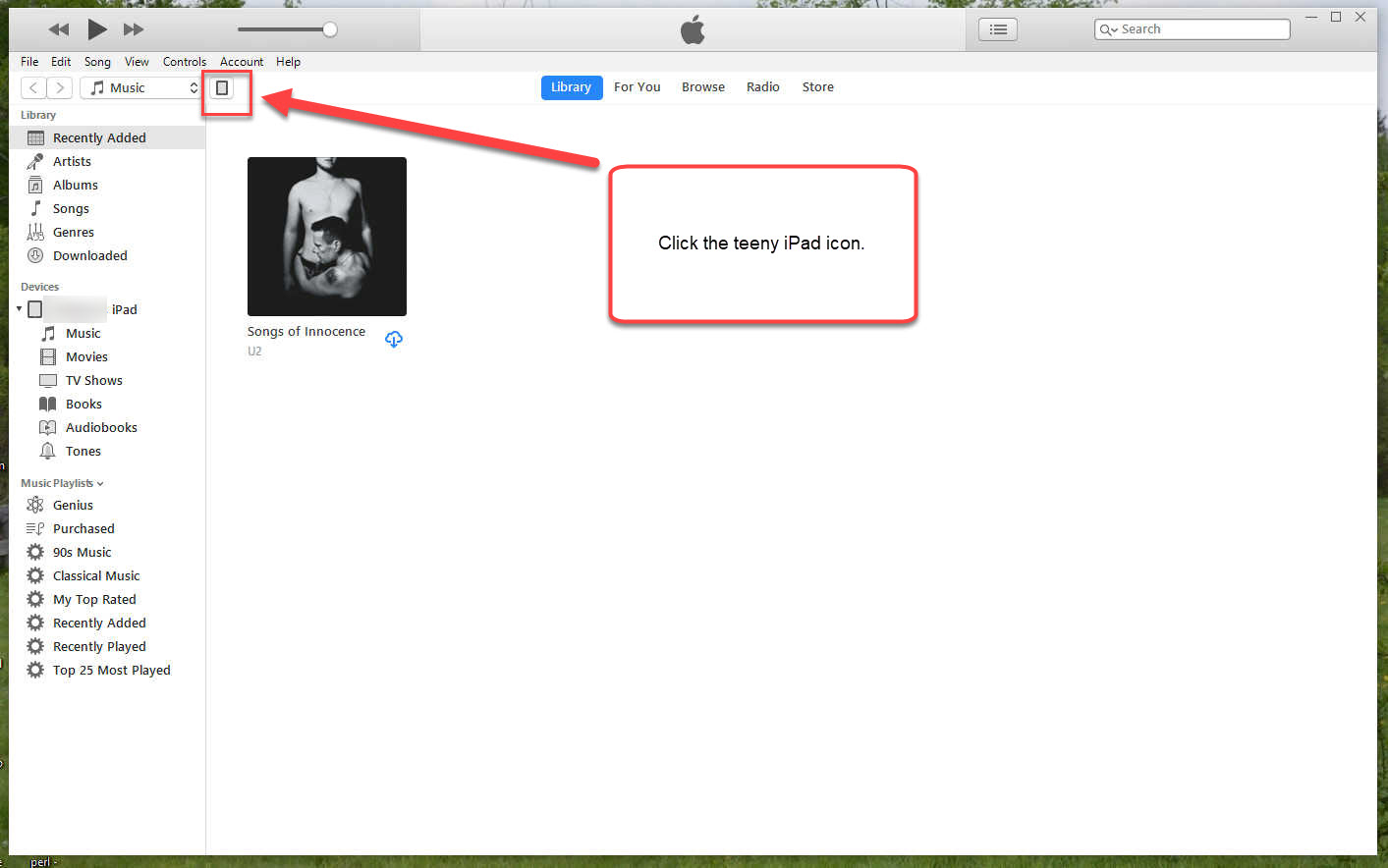 This is what you'll see, when you have hooked up your iPad to your computer and iTunes, using an USB cable. Make sure that you CLICK the teeny-weeny iPad icon you see shown here, in order to proceed to the next screen.&nbsp;