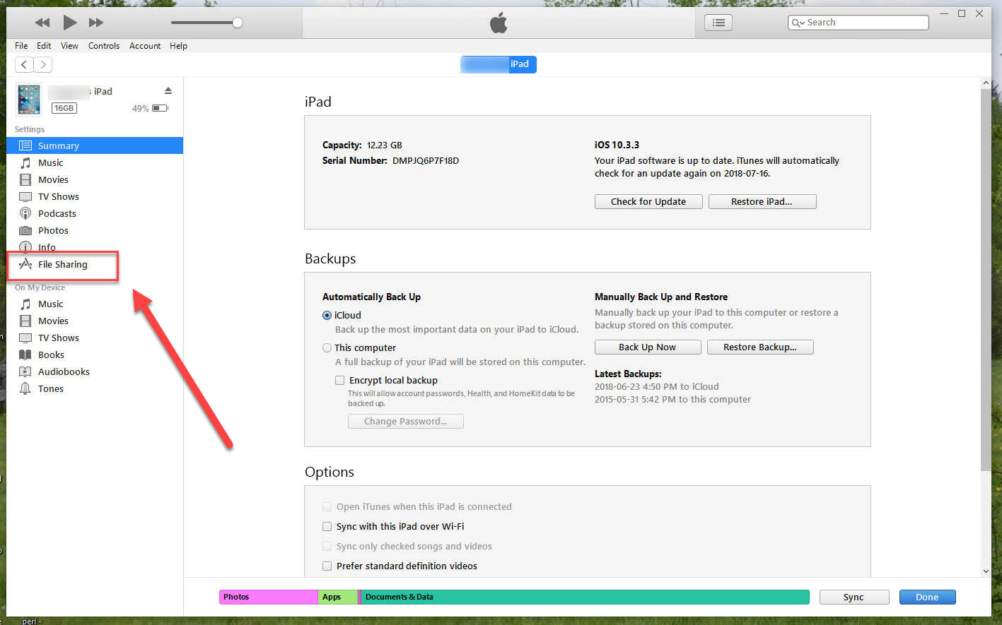 Once you have this screen open, select "File Sharing," like you see on the left (red arrow and box).