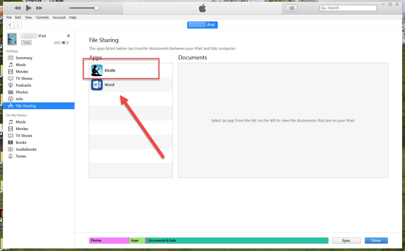 After selecting File Sharing, you'll select the "Kindle" as you see here.&nbsp;