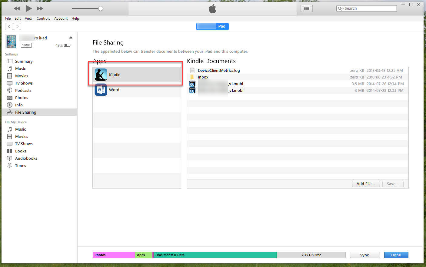 Lastly, you'll drag-drop the AZK file to the files sharing box, and you'll see the names, like you see here. Once that's done, you can open your Kindle for iPad/iPhone app, and review the file.&nbsp;