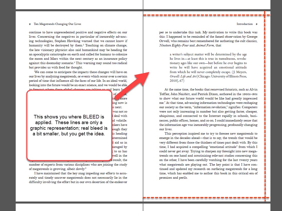 This shows where the bleed trim lines go, on a typical print book layout. Top, bottom and outer edge of the page. This shows where the bleed trim lines go, on a typical print book layout. Top, bottom and outer edge of the page.