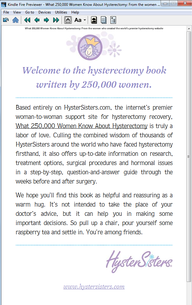 The "HysterSisters" handbook, shown in MOBI format on a Fire device. Because the chapter head images are above the text heading, these came out perfectly.&nbsp;