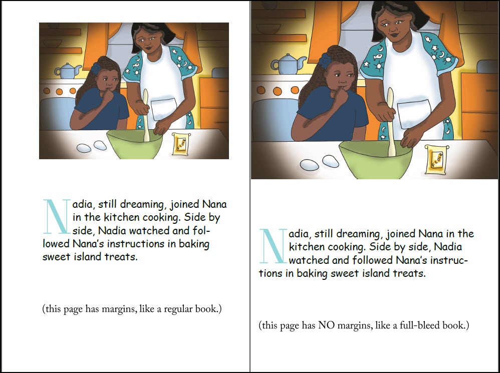 These two pages amply demonstrate no-bleed versus bleed. The page on the left doesn't need bleed--the image has margin around it. But the image on the right goes all the way to the trim edge--that page needs bleed, which means that the book it's in, requires bleed.