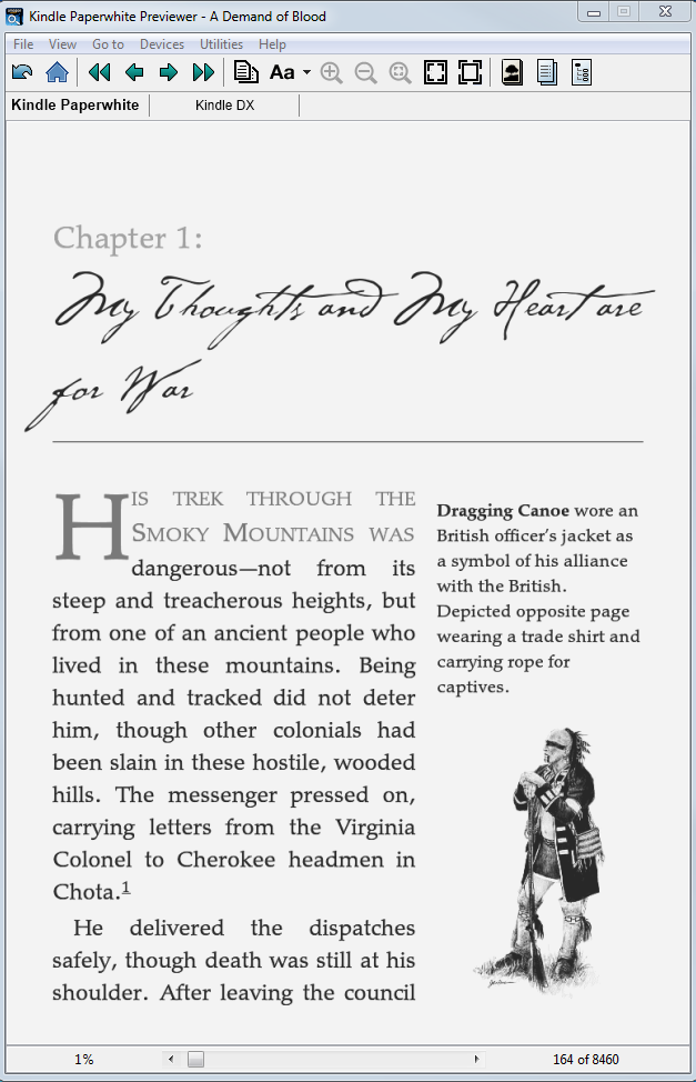 The book "Demand of Blood," with complex formatting, shown on a Paperwhite Kindle screen.