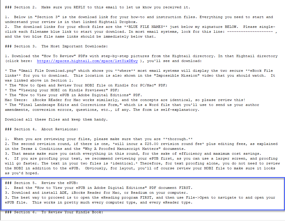 Section 5 tells you how to get started reviewing your ePUB.