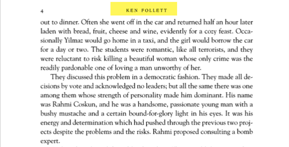 This is the Verso (left-hand) running head on Ken Follett's "Lie Down With Lions" as an example of a running head.