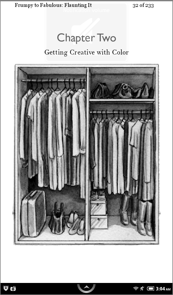 "From Frumpy to Fabulous," a book on fashion, being read on the NookHD device (B&W).