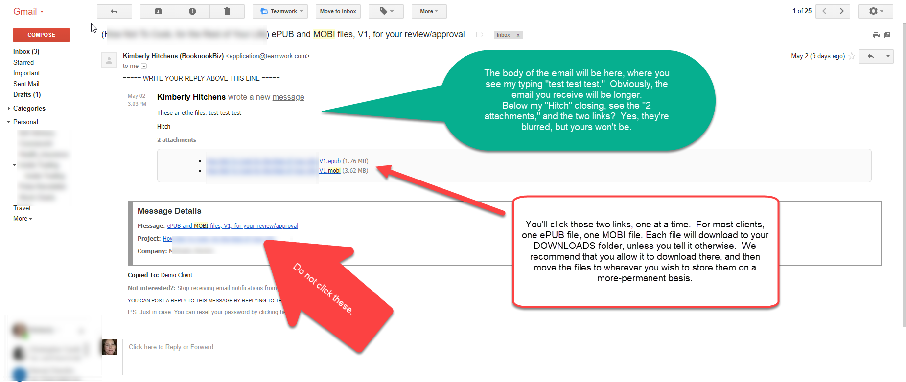 This image shows you an email sent to Gmail, and where the links are in the email.