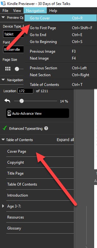 This shows the "Go To" or "Navigation" menu at the top of Kindle Previewer 3.