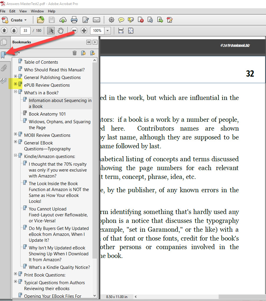 This shows you the PDF "Bookmarks" Table of Contents, there on the left. Simply click the ribbon (bookmark, get it?) and this will display. You can click the ribbon again to close it. Each item can be clicked, and jumped to; you can also expand categories or master topics by clicking the "+" that you see in the image, highlighted in yellow.&nbsp;