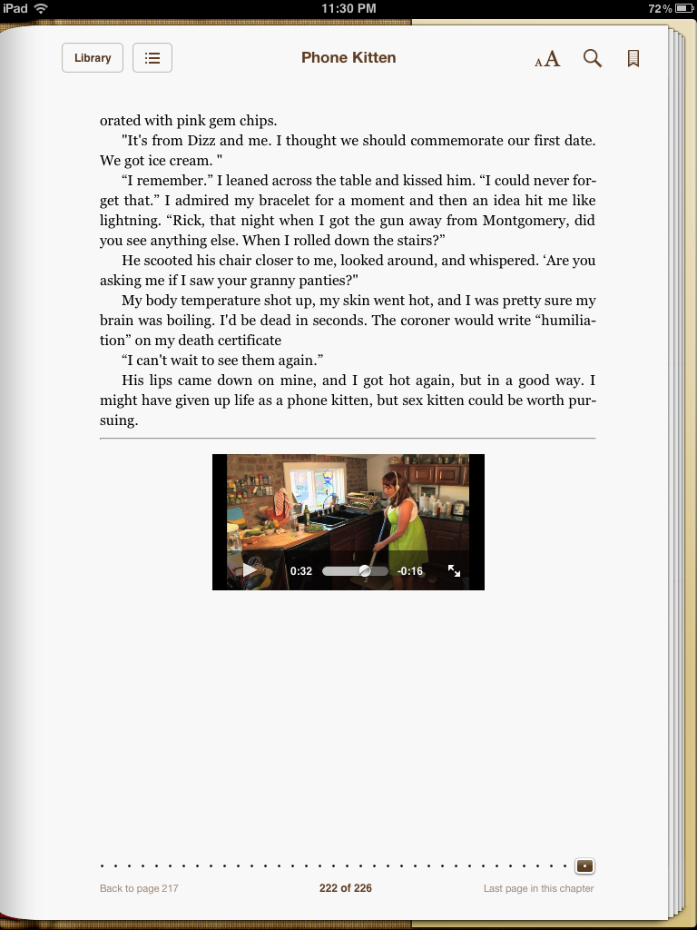 BooksBnimble's bestselling book "Phone Kitten," which includes embedded video, for the ePUB used for the iBooks version. This screenshot shows you how the embedded video displays for the reader, before being enlarged/played.