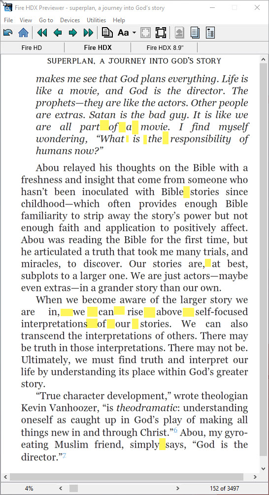 In this image, we've highlighted some of the gaps. You can see on the following line, from each highlighted area or areas, how a longer word forces the line to spread out, to justify, because the longer word can't fit on the line.