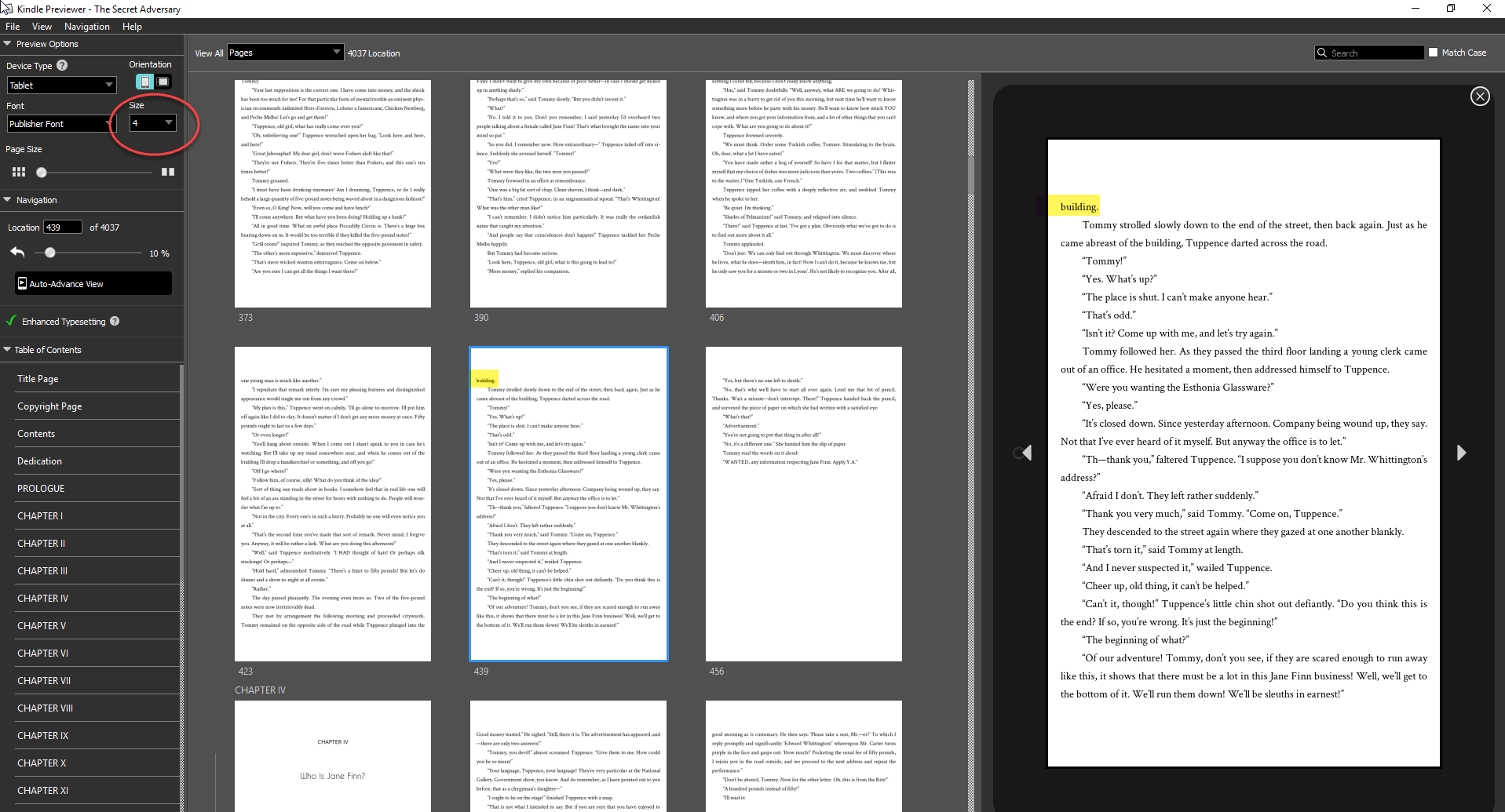 In our first screen, the dreaded "widow" is at the top of the page (yellow highlight), at font size 4 (red circle). But what happens when we change the font size?
