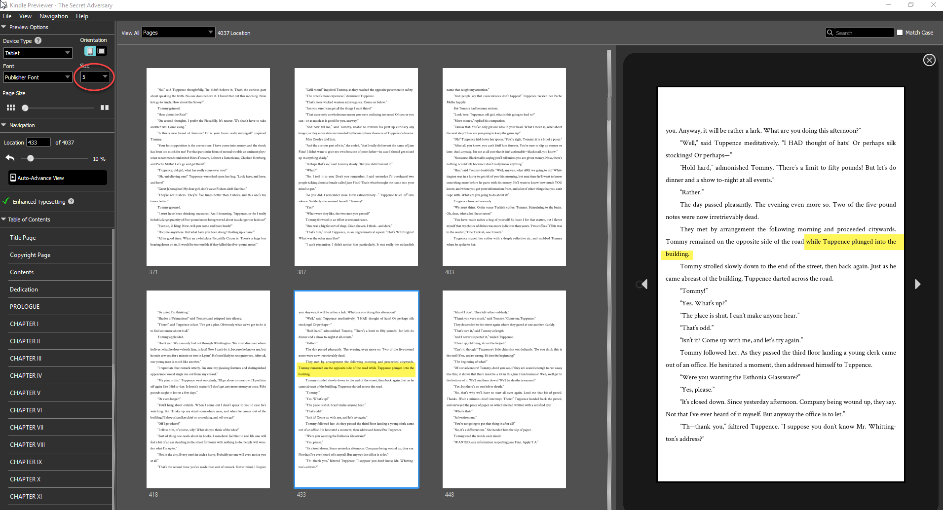 In our second view, of the same exact book, we've done only a single thing--changed the font size to Size 5 (red circle). Now look where the former widow is located! &nbsp;In the middle of the screen, with the rest of its paragraph--and a new "widow" is now at the top of the new screen. &nbsp;