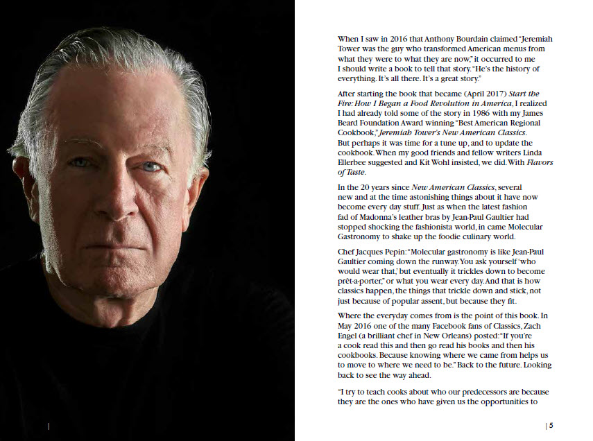 An image of Jeremiah Tower's book, "Flavors of Taste," showing two pages in spread mode. One of the two pages shows a full-bleed image (an image that does not have margin around it, but goes all the way to the edges of the printed page).